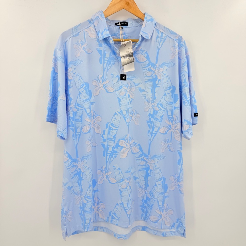 SurfCuz Mens Golf Shirt XL Blue Tropical Floral Vacation Lightweight Palm Polo